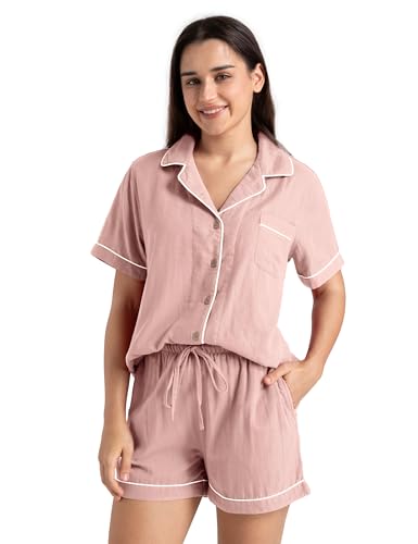 Image of Womens Muslin Pajama Set 100% Cotton Double Gauze Linen Like | Breathable Soft Comfort Button Up Loungewear Sleepwear PJ Set