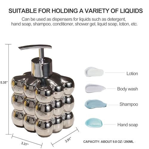 Image of Luxflowing Small Ceramic Hand Soap Dispenser with Pump for Bathroom and Kitchen Sink, Creative Shape, Used to Hold Dish Soap, Shampoo, Conditioner, Lotion and Other Liquids (Silver)