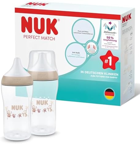 NUK Perfect Match Babyflaschen | 3+ Monate | 260 ml | Anti-Kolik-Babyflasche | PP | Temperature Control Anzeige | Affe | 2 Stück