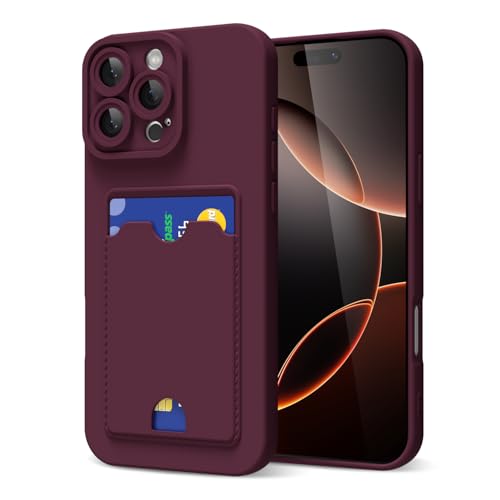 oakxco for iPhone 16 Pro Case with Card Holder Cute Silicone Wallet Phone Case with Credit Card Slot Soft Rubber Thin Slim Purse for Women Men with Camera Cover Protection Burgundy Maroon