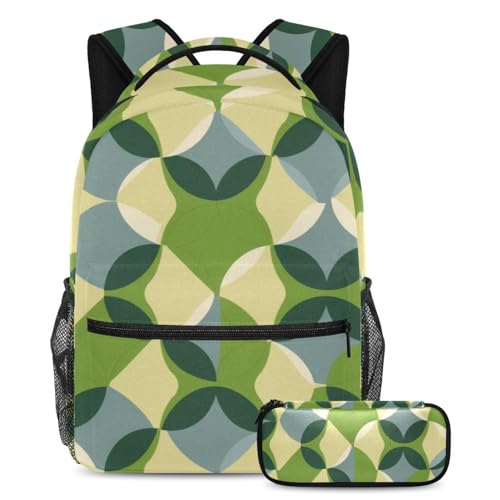 Sac à dos motif géométrique circulaire vert multicolore avec trousse scolaire ado