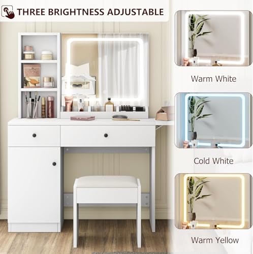 GAOMON Vanity Desk with Mirror and Lights, Makeup Vanity with 2 Drawers & 2 Shelves & One Door, 3 Lighting Modes Adjustable Brightness, Bedroom Dressing Table, White