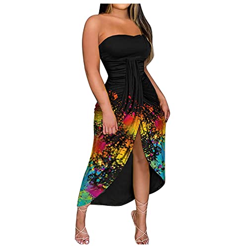 wodceeke Women's Tube Top Strapless Sundresses Summer Split Sleeveless Dresses Casual Solid Print Dress Party Club Skirt (Multicolor, L)