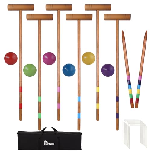 Pointyard 32’’ Six Player Croquet Set, Regulation [Vintage Brown] Croquet Set with Wooden Mallets/Colored Ball/Wickets/Stakes for Adults/Teenagers/Family-Perfect for Lawn/Backyard Game/Park