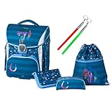 Stylisches Komplettset für die Schule bestehend aus Schulranzen, Schlamperetui, Federmappe mit 2 Flügeln und Sportbeutel, im Design Pferd, dunkelblau mit hellblauen Einfassungen und Blumendruck