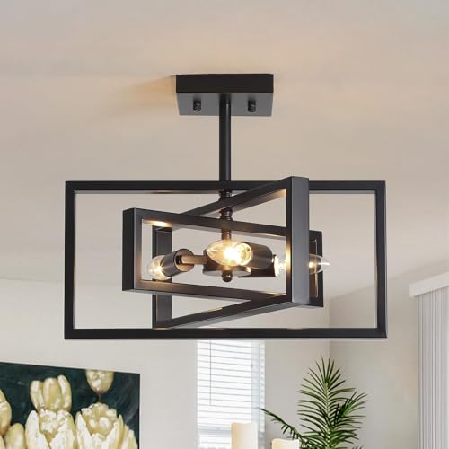 LWYTJO Black Ceiling Light Living Room, 3 Lights Black Chandeliers Ceiling Light, Industrial Semi Flush Mount Ceiling Lights Fitting for Bedroom, Dining Room, Kitchen, Lounge, Hallway
