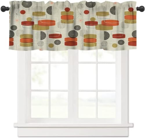Image of Retro Abstract Geometric Kitchen Valance Curtain, Vintage Shapes Stars Mid Century Boho Retro Linen Window Treatment Valances for Kitchen Living Room Cafe Decor 54'x18', 1 Panel