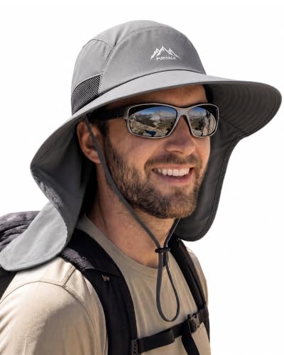 FURTALK Sun Hats for Men Women Fishing Hat with Neck Flap Chin Strap UPF 80+ Wide Brim Hiking Safari Summer Hats Dark Grey