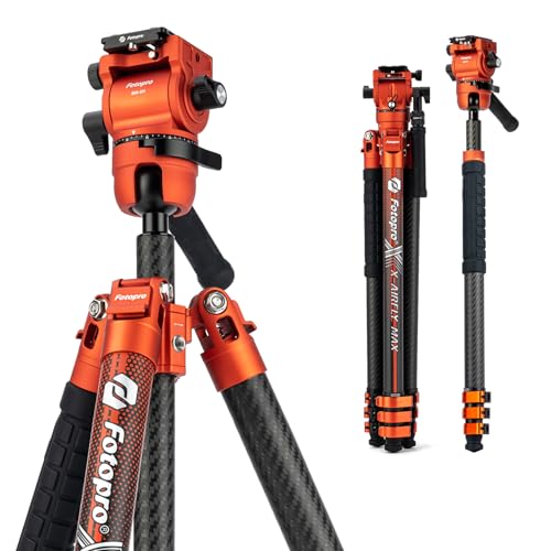 Image of Fotopro 67.3 inch Carbon Fiber Travel Tripod, Professional Heavy Duty Video Tripod with Hydraulic Spherical Pan-Tilt Flip Lock Max Load 22lbs, wih Monopod Phone Clip, X-AIRFLY Max Video Orange