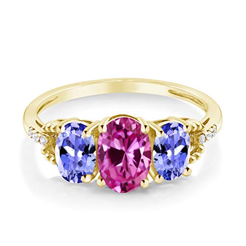 Gem Stone King 10K Yellow Gold Oval Pink Created Sapphire Blue Tanzanite and Diamond Engagement Ring For Women (1.82 Cttw, Available In Size 5, 6, 7, 8, 9)2