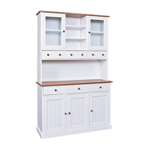 AltoBuy SOCOA - Buffet Vaisselier 5 Portes 6 Tiroirs Bois Massif Vernis Sepia et Blanc