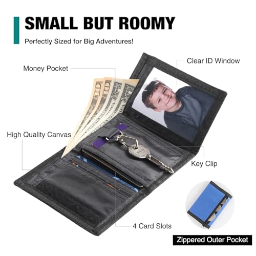 Image of Kids Wallets for Boys & Girls, Blue Canvas Wallet with Coin Pocket & Magic Sticker for Toddlers & Teens