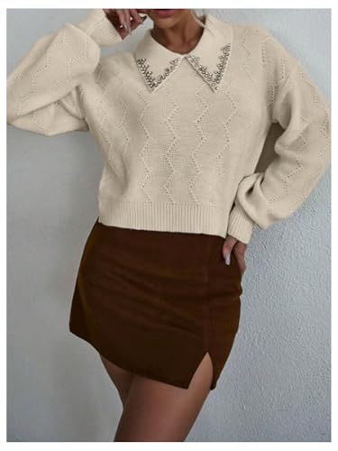 Image of Verdusa Women's Old Money Cable Knit Rhinestone Decor Knit Top Crew Neck Lapel Collar Lantern Sleeve Drop Shoulder Pullover Cropped Sweaters