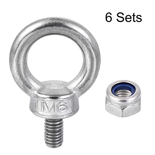 Image of uxcell Lifting Eye Bolt M6 x 12mm Male Thread with Hex Screw Nut for Hanging Securing Chain Wire Rope, 304 Stainless Steel, 6 Sets