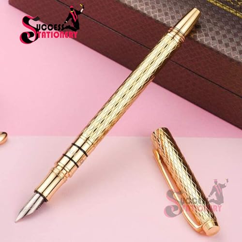 Image of Success Stationery Hero Pen Original Fountain Pen for Men Extra Fine 10K Gold Plated Nib Ink Pen Golden Colour Cap and Body Gold Trim Luxury Pen 703 Gift Set with Box