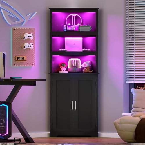 Image of TEENFON Corner Cabinet, Tall Corner Hutch with 5 Shelves & 2 Doors, Bathroom Cabinet with Adjustable Shelf, for Living Room, Kitchen, Bathroom, Black