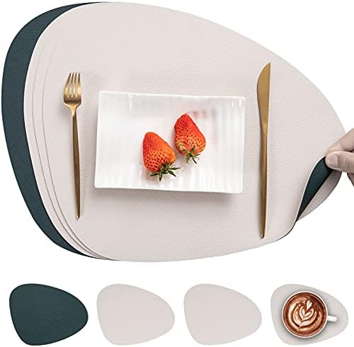 Myir JUN Leather Table Mats and Coasters, Placemat Round PU Waterproof Dual-Sided Kitchen Place Mats Coffee Mats Non-Slip Washable Placemats and Coaster Sets 4 (Black Brown)
