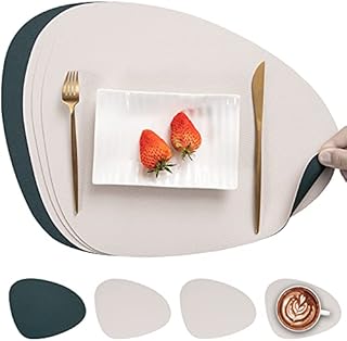 Myir JUN Leather Table Mats and Coasters, Placemat Round PU Waterproof Dual-Sided Kitchen Place Mats Coffee Mats Non-Slip Washable Placemats and Coaster Sets 4 (Pearl-White Green)