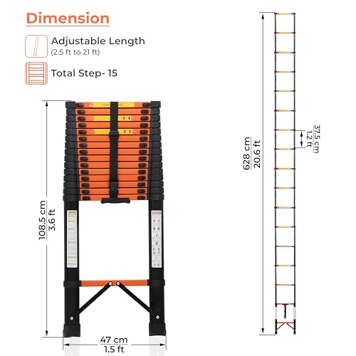 Image of Plantex 6.3m (20.66 ft.) Telescopic Ladder /Carbon Steel 16-Steps Portable & Compact Ladder /Foldable Multipurpose Collapsible Ladder for Home & Outdoor Use - (Orange)