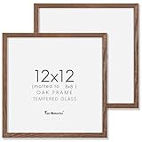 Fun Memories 12x12 Picture Frames, Natural Oak Wood Frame 12 x 12 for Wall, 12x12 Frame Matted to 8x8, Rustic Wood Square Frame 12 by 12 with Real Glass, Walnut Color, Set of 2
