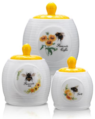 Prefdo Kitchen Storage Canisters Honey Bee & Flower Pattern Ceramic Tea Coffee Sugar Canisters Set Storage Jar with Airtight Lid for Home Modern Kitchen, Set of 3
