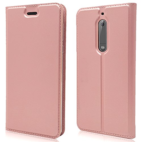 NALIA Funda Flip-Case Compatible con Nokia 5, Carcasa con Tapa Book-Case Libro Cover Verticale, Movil Cubierta Cuero Sintético Magnético Delgado Protectora Smart-Phone Bumper, Color:Rosa Gold Oro