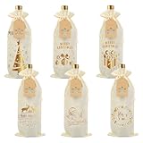6 Stück Jute Weinbeutel Weihnachten mit Kordelzug, Anhänger & Passender Jute Schnur, Flaschenbeutel für Weinflaschen, Sekt & Champagner, Wiederverwendbare Geschenkverpackung, auch als Weihnachtssack