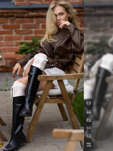 4 Pairs Women's Lace Socks Include 2 Thigh High Stocking with Lace Trim Stockings, 2 Lolita Bow Knot Calf Socks, White Boot Stockings2