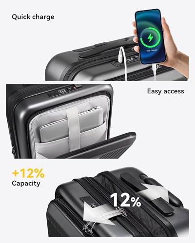 LUGGEX Carry on Luggage 22x14x9 Airline Approved, PC Hard Shell Suitcase with Front Pocket, Expandable Luggage with USB Port (Black, 20 Inch, 36.7L)