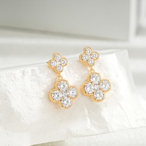 14K Gold Plated Double Plum Blossom Dangle Birthstone Four Leaf Clover Stud Earrings for Women, Hypoallergenic Drop Trendy Dainty Gold Earrings Birthday Gifts4