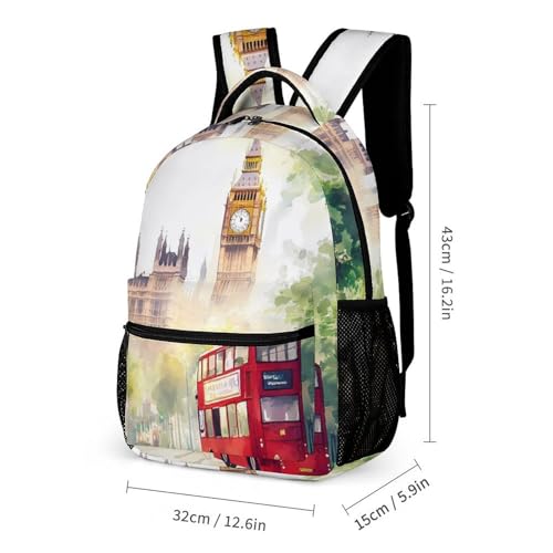 Watercolor London Street Big Ben Bus Travel Backpack Casual Daypack Shoulder Bag with Adjustable Shoulder Straps2