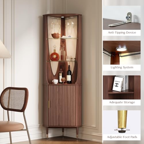 Image of JOINICE Tall Corner Bar Cabinet for Liquor,Mid-Century Modern,Walnut,70 inch | Fluted Door,Glass Shelves,Wine Cabinet with Led for Living Room, Kitchen,Dining Room,Easy Assembly,for Small Apartment