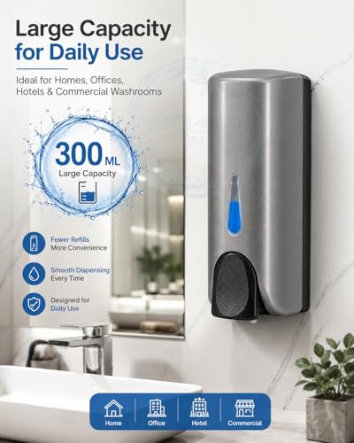 Image of BATH GURU Wall Mounted Soap Dispenser 300ml | Manual Liquid Soap Dispenser for Bathroom Kitchen | ABS Plastic Hand Wash Dispenser with Press Button, Refillable, No Leak | Home & Commercial Use, Grey