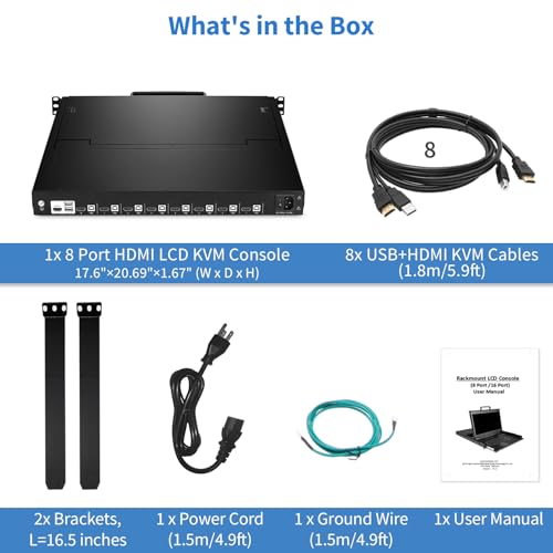 Image of 1U Rack Mount KVM Console - 17.3'' 1080P Rackmount Monitor Keyboard and 8 Port HDMI KVM Switch, 50,000 MTBF, OSD /Hotkey /Button Switching, Fits 19'' Rack, HDMI KVM Cables and Ground Wire Included