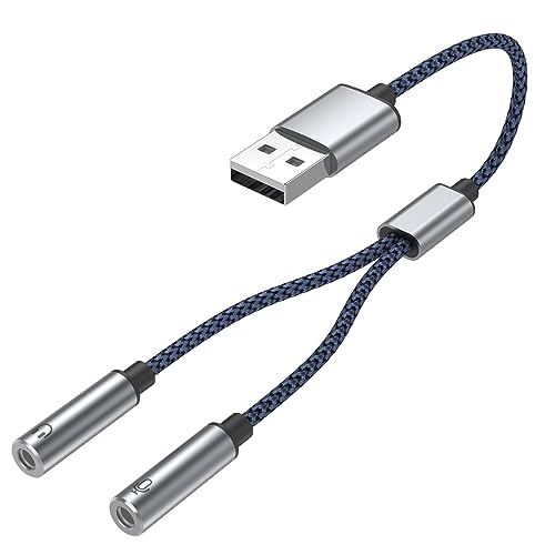 GUROYI USB A マイク ヘッドホン分岐 (3極メスx2) DACチップ内蔵 USB-A端子対応 ハイレゾ再生対応 ナイロン編み込み 高耐久 映画と音楽鑑賞、ボイスチャットや通話に最適な 3.5mm ヘッドホン・マイク端子