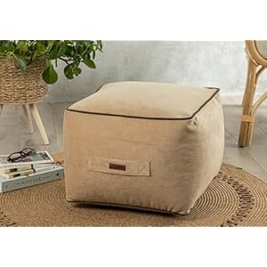 English Home Ottoman Pouffe, Comfortable Cube Foot Stool, Soft Velvet Bean Bag, Home Decor Footstool Extra Seating for Living Room, Bedroom, Casha, 17.7×17.7 inch (45×45 cm), Beige