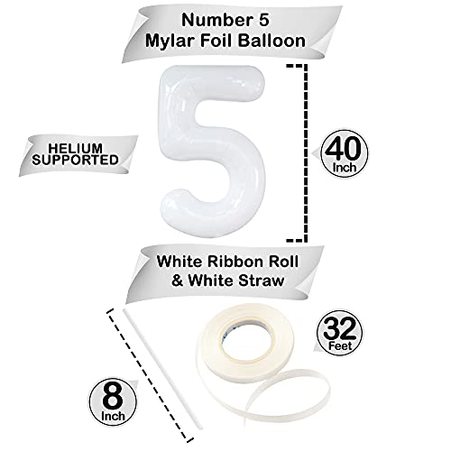 Image of KatchOn White Number 5 Balloons for 5th Birthday Decorations 40 Inch | 5th Birthday Decorations, 5 balloon number, Birthday Number Balloons, White 5th Birthday Party Supplies