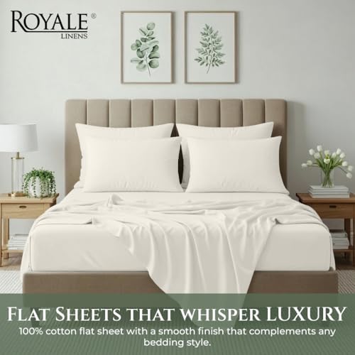 Image of Royale Linens 100% Organic Cotton Queen Size Flat Sheet Only - Percale Top Sheets - Queen Flat Sheet Sold Separately - Lightweight & Super Soft 100% Cotton Sand Bed Sheets Only (90 inch x 102 inch, Sand)