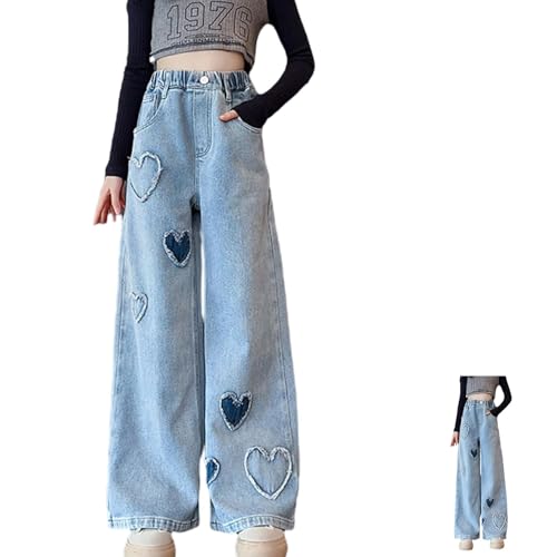 Girls Loose Jeans, Elastic Waist Loose Jeans, Printed Casual Wide Leg Loose Blue, 170cm