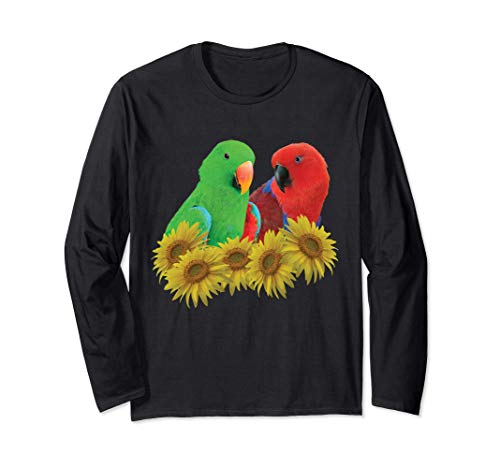 Contiene l'immagine di un pappagallo Eclectus maschio (verde) e femmina (rosso) appollaiato dietro un mazzo di fiori di girasole. Progettato per gli amanti dei pappagalli e per i veterinari aviari.