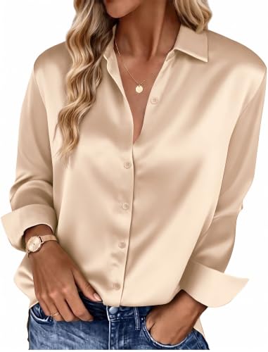 HOTOUCH Silk Tops for Women V Neck Casual Satin Button Down Fashion 2025 Shirt Business Work Professional Tops Khaki M