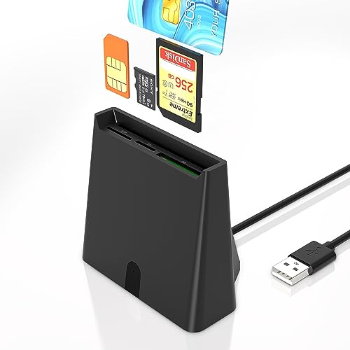 4-in-1 CAC Card Reader Build in SD/SDHC/SDXC + Micro SD + Cell Phone SIM Card + EMV Chip Smart Card Reader, DOD Military USB Common Access CAC Smart Card Reader Compatible with Windows, Mac OS, Linux