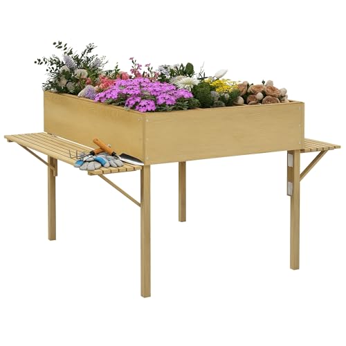 Outsunny Mesa de Cultivo de Madera Huerto Urbano Elevado 122x91,5x89 cm con 2 Estantes Plegables Tela no Tejida para Cultivo Plantas Flores Verduras Natural