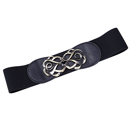 Women Retro Elastic Waist Metal Interlock Buckle, Black (Cl0413-1), Small2