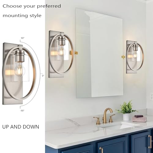 Image of Vintage Wall Sconce with Glass Shade, 1-Light Brushed Nickel Farmhouse Wall Lights, Dimmable Bathroom Vanity Light for Mirror Hallway Living Room Bedroom (Nickel)