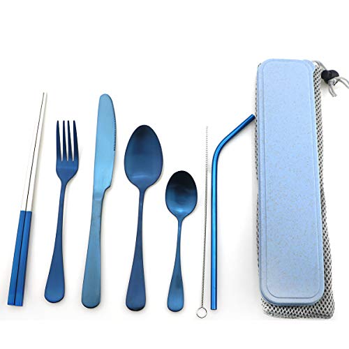 Blue Reusable Utensils with Case Camping Travel Silverware Set,Portable Stainless Steel Cutlery Set - Matte Flatware Set Knife Fork Spoon Mirror Straws Chopsticks - for Office Lunch, Hiking, School