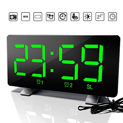 Frontoppy Réveil Numérique LED, Radio Réveil FM,Horloge à Grand Ecran Luminosité Réglable, Réveil Snooze Horloge Numérique avec 2 Alarmes 12 / 24H pour Chambre et Bureau Mot Vert (avec USB)