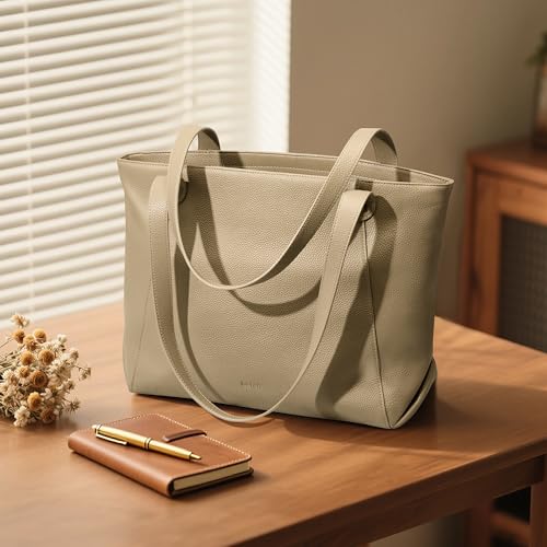 Image of befen Genuine Leather Tote Bag for Women Work Travel Leather Purse Handbags | Real Leather, Padded 14 inch Laptop Compartment, Multi-Pockets, Zipper, Tote Bag for Daily