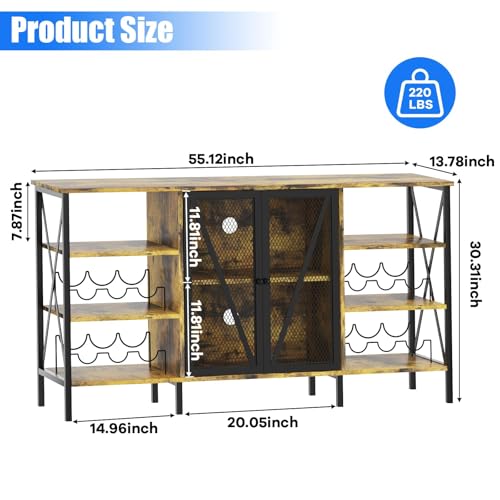 Doppeltcharms 55" Modern Bar Cabinet for Home with LED Lights, Wine Rack, Glass Holder & Mesh Doors, Adjustable Shelves, 220 LBS Capacity, Metal Sideboard and Liquor Storage Cabinet — view 2