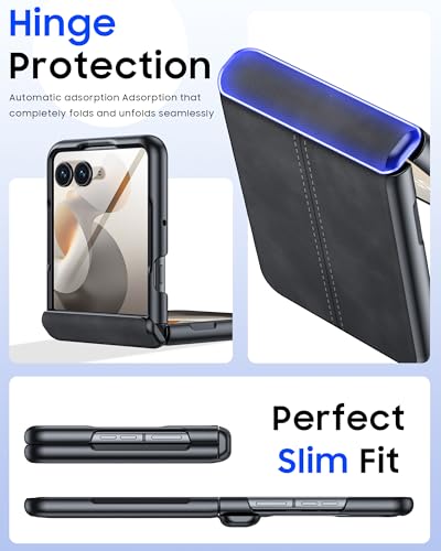 Image of Magnetic for Motorola Razr Ultra 2026 /2025 Case with Hinge Protection, Screen Protector, Fit for Magsafe, Ultra-Thin PU Leather Matte PC Shockproof Cover for Razr Ultra 2026 /2025-Black Gray